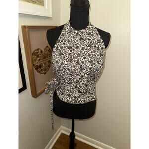 Ann Taylor Women’s Black White Floral Tank Side Tie wrap blouse Bohemian Size 6
